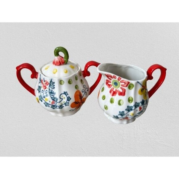 Pier 1 Imports Creamer Sugar Set Hand Painted White Red Floral - Picture 1 of 12